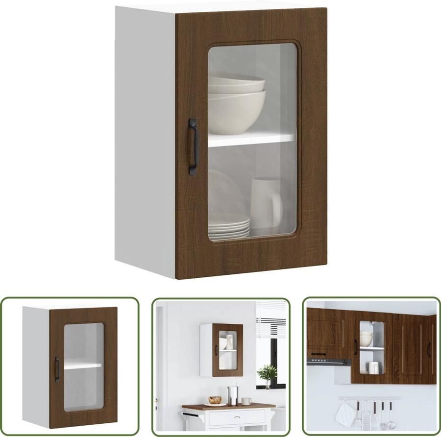 The Living Store Keukenwandkast met glazen deur bewerkt hout bruin eikenkleur Keukenkast Wandkast Opslagoplossing Keukenuitrusting Houten Kast