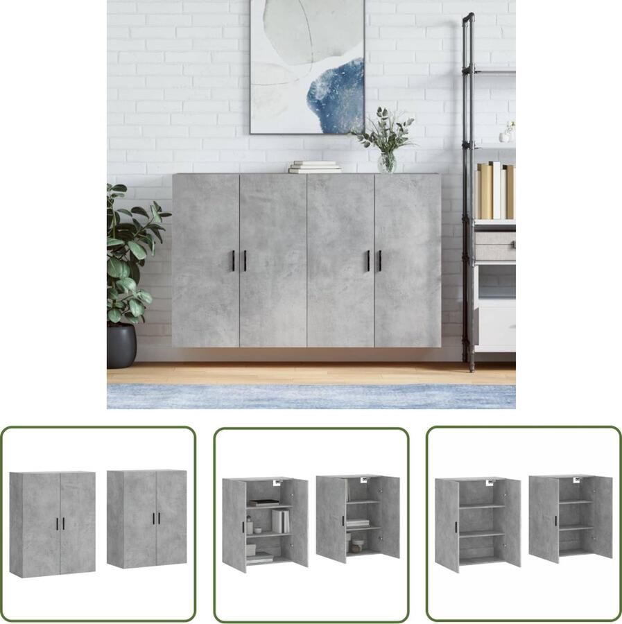 The Living Store Hangkasten 2 st 69 5x34x90 cm betongrijs Wandkast Opbergkast Houten Kast Betonnen Kast Grijze Kast