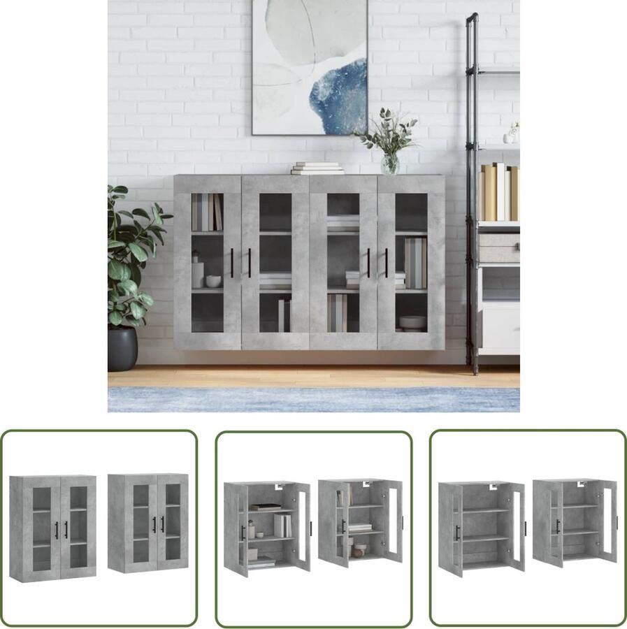 The Living Store Hangkasten 2 st bewerkt hout betongrijs Wandkast Hangkast Betonlook Houten Kast Opbergkast