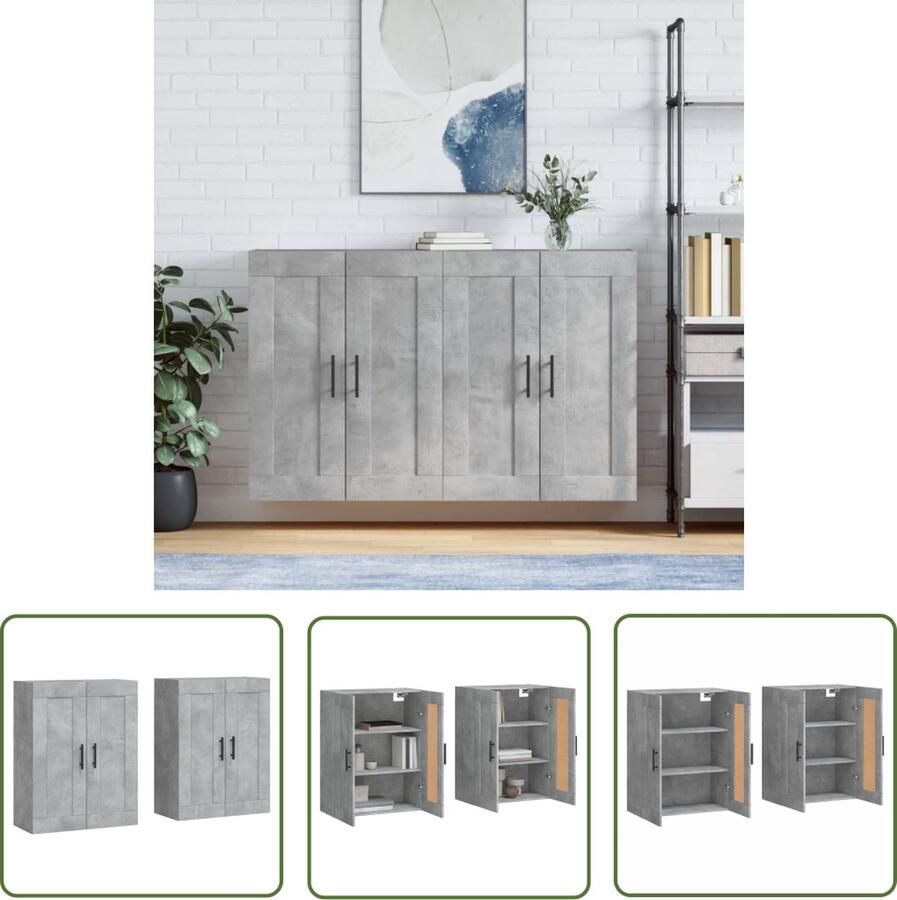 The Living Store Hangkasten 2 st bewerkt hout betongrijs Wandkast Hangkast Opbergkast Beton Grijs Houten Kast