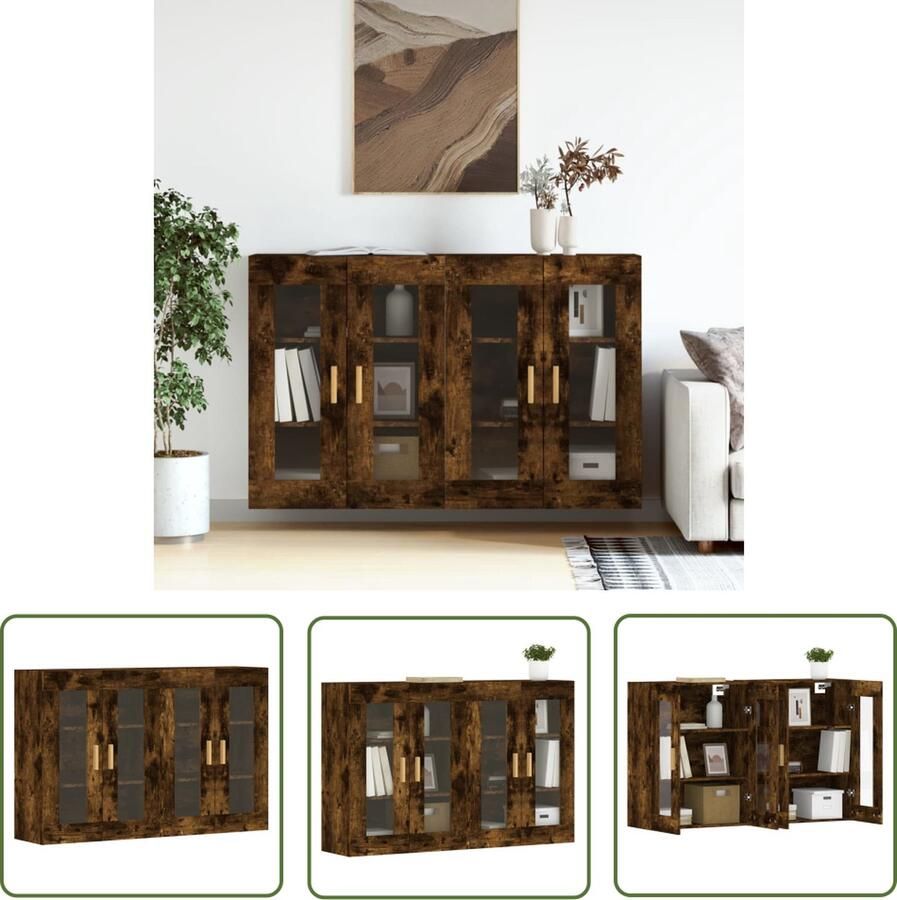 The Living Store Hangkasten 2 st bewerkt hout gerookt eikenkleurig Wandkast Hangkast Bergruimte Houten Kast Eiken Meubilair