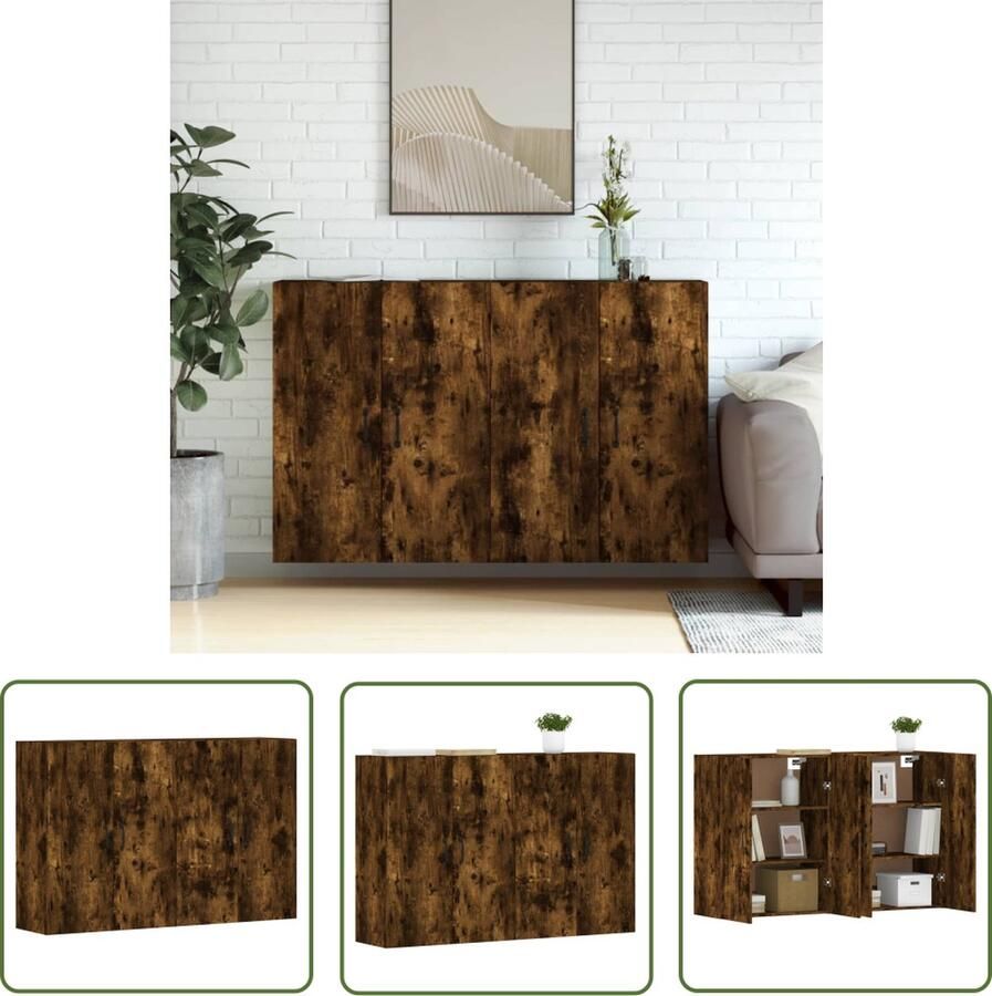 The Living Store Hangkasten 2 st bewerkt hout gerookt eikenkleurig Wandkast Hangkast Bergruimte Houten Kast Eiken Meubilair