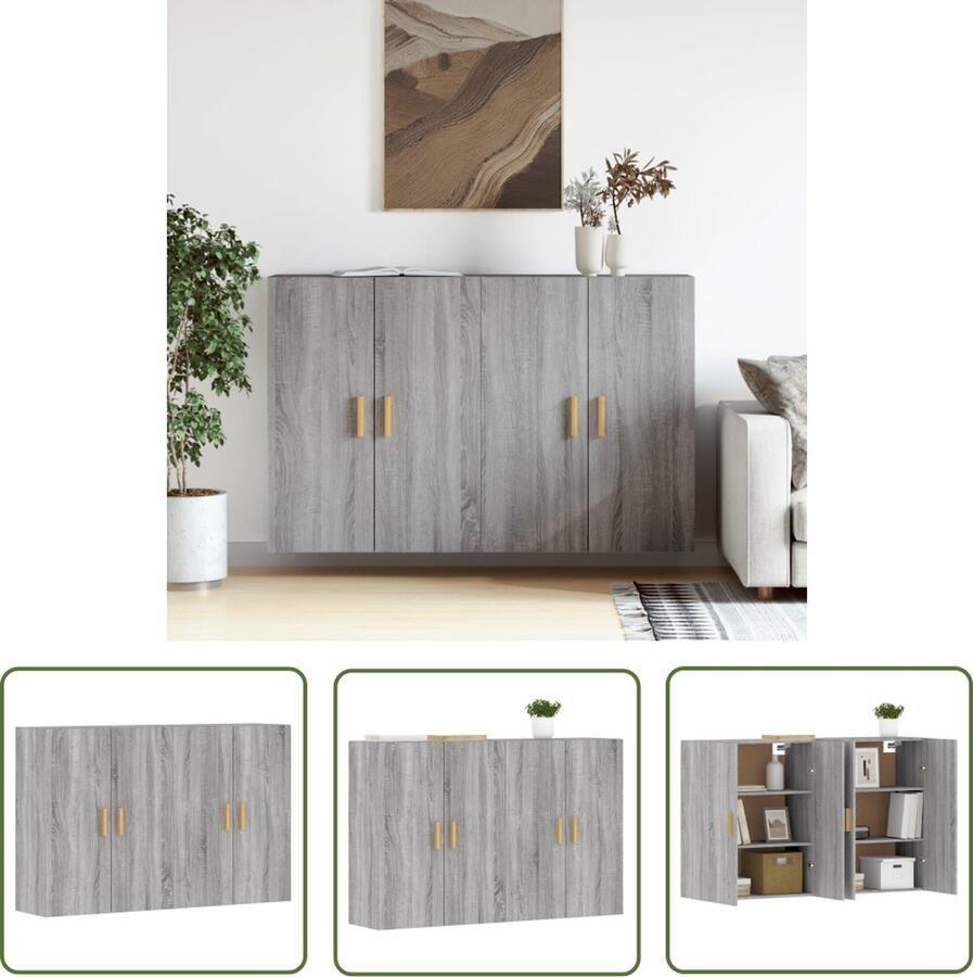 The Living Store Hangkasten 2 st bewerkt hout grijs sonoma eikenkleurig Wandkast Houten Kast Opbergkast Salontafel Livingroom Meubilair