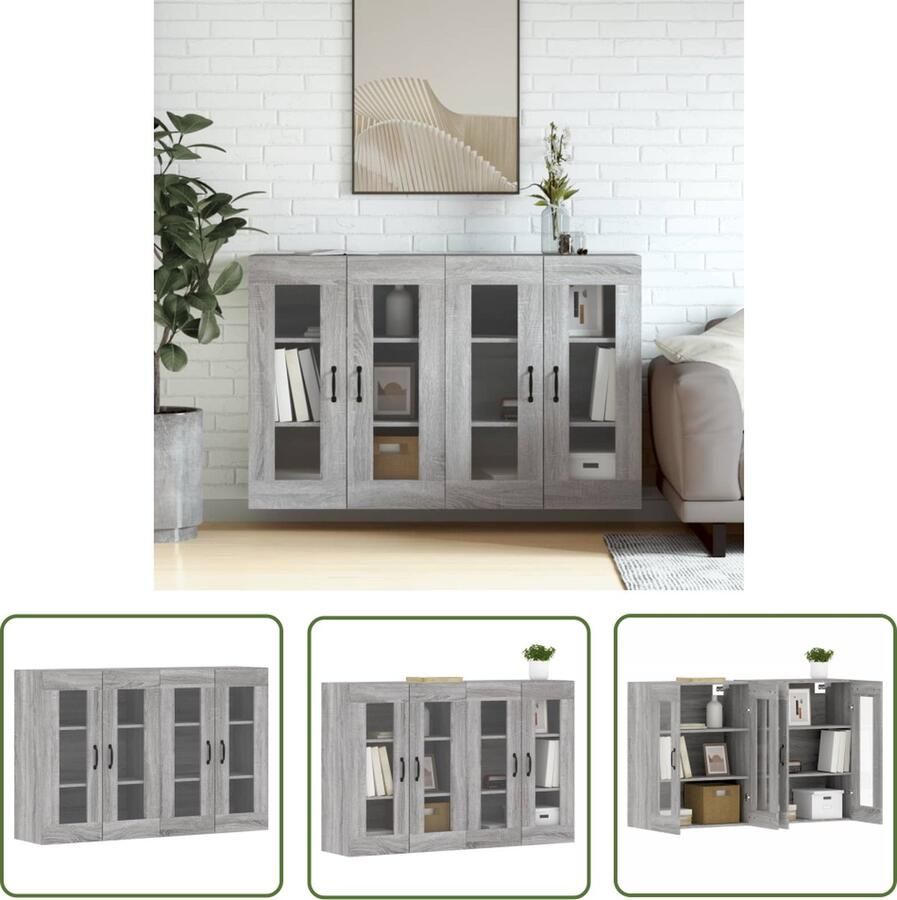 The Living Store Hangkasten 2 st bewerkt hout grijs sonoma eikenkleurig Wandkast Opbergkast Hangkast Grijze Kast Houten Kast