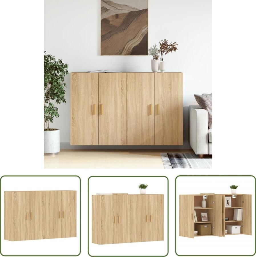 The Living Store Hangkasten 2 st bewerkt hout sonoma eikenkleurig Wandkast Houten Kast Salontafel Badkameropstelling Opbergkast