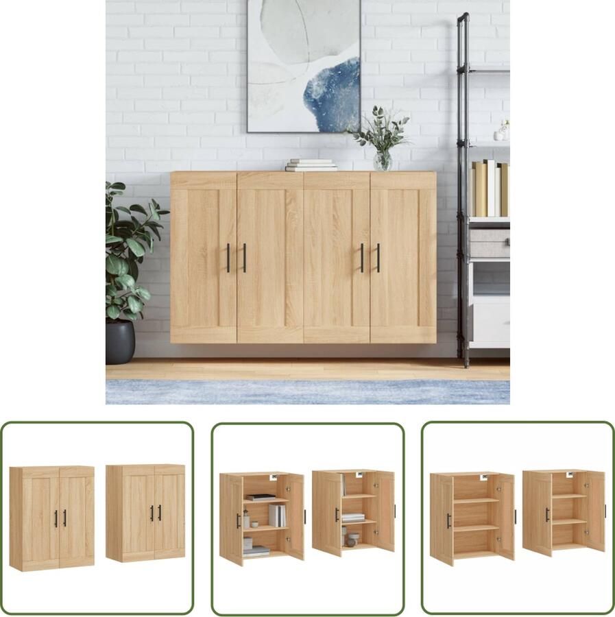 The Living Store Hangkasten 2 st bewerkt hout sonoma eikenkleurig Wandkast Hangkast Sonomaneiken Houten Kast Opbergkast