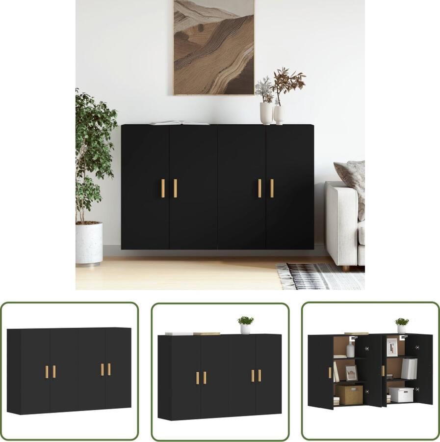 The Living Store Hangkasten 2 st bewerkt hout zwart Wandkast Opbergkast Houten Kast Zwarte Kast Badkamerkast
