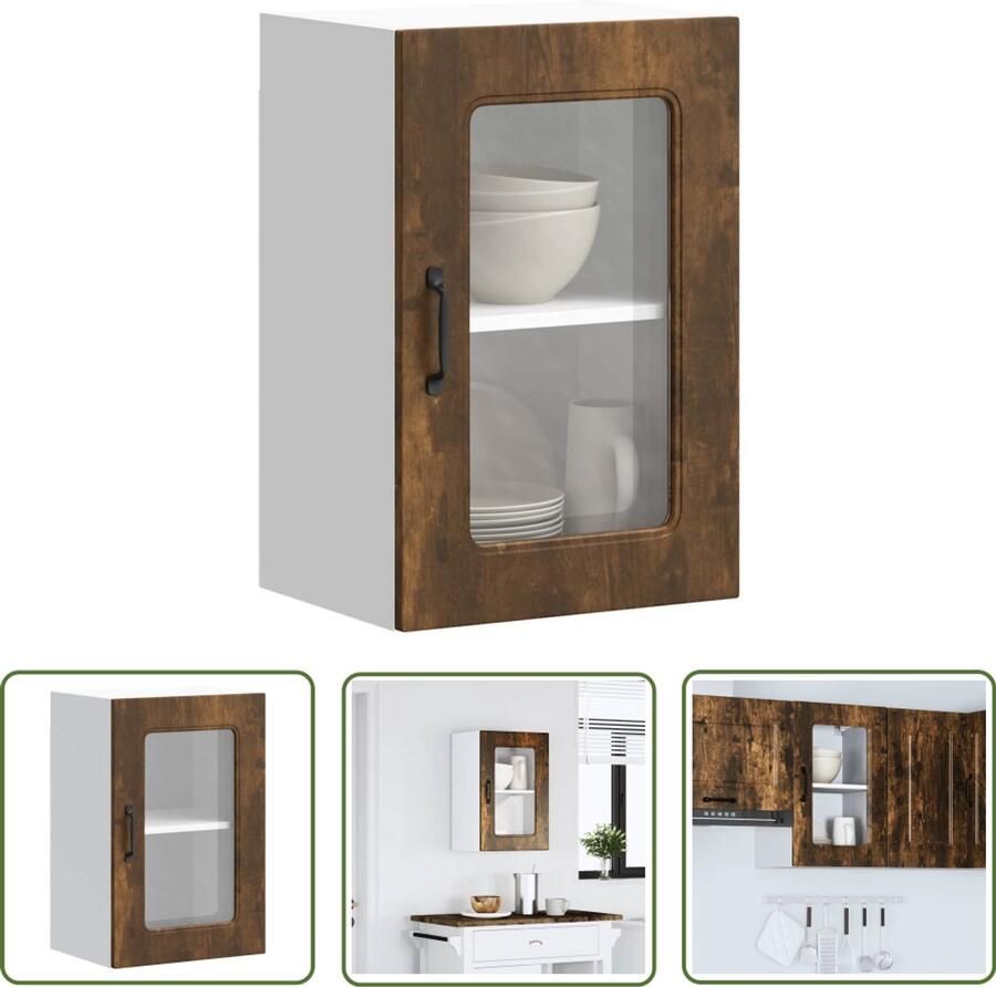 VidaXL Wandkasten Keukenkasten Keukenwandkast met glazen deur Kalmar bewerkt hout gerookt eikenkleur Keukeneinrichtingen Houten Kasten Glazen Deuren
