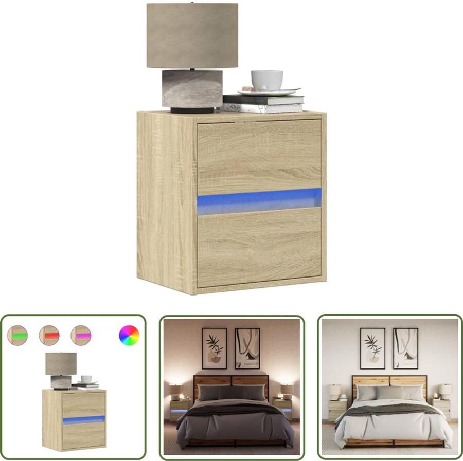 VidaXL Nachtkastjes met LED wandgemonteerd 2 st sonoma eikenkleurig Nachtkastjes Wandkasten Led Verlichting Slaapkamersdecoratie Sonoma Eiken
