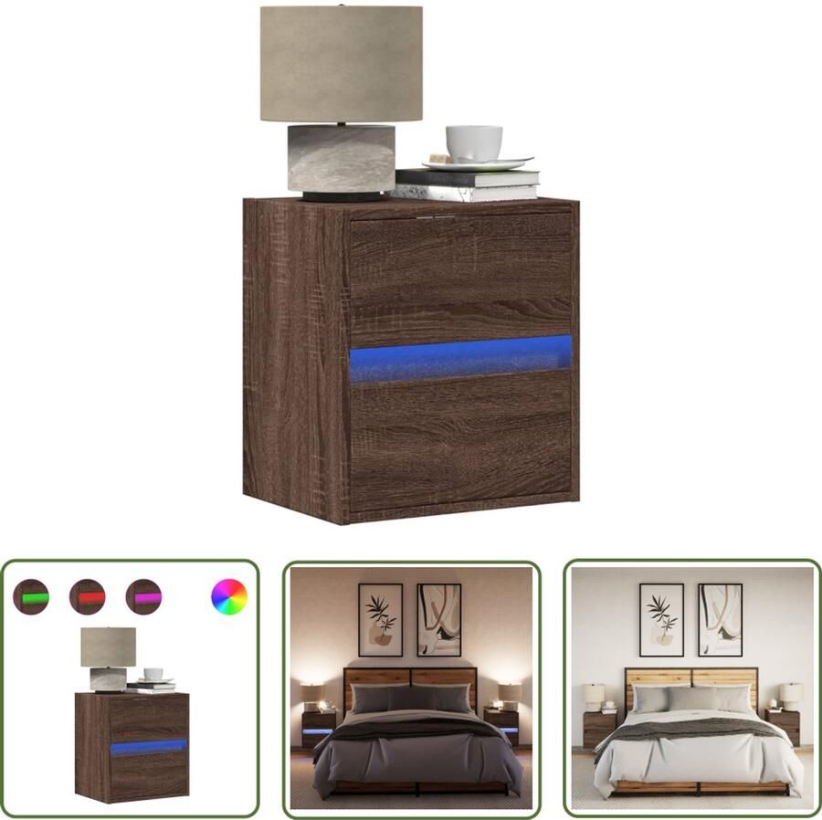 VidaXL Nachtkastjes met LED's 2 st wandgemonteerd bruin eikenkleur Nachtkastjes Wandkasten Led Lampen Bedroom Furniture Houten Kasten