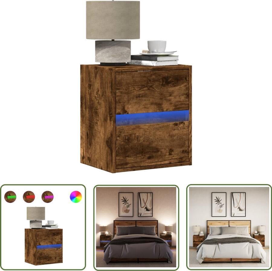 VidaXL Nachtkastjes met LED's 2 st wandgemonteerd gerookt eikenkleurig Nachtkastjes Wandkasten Led Lampen Slaapkamersdecoratie Houten Kastjes