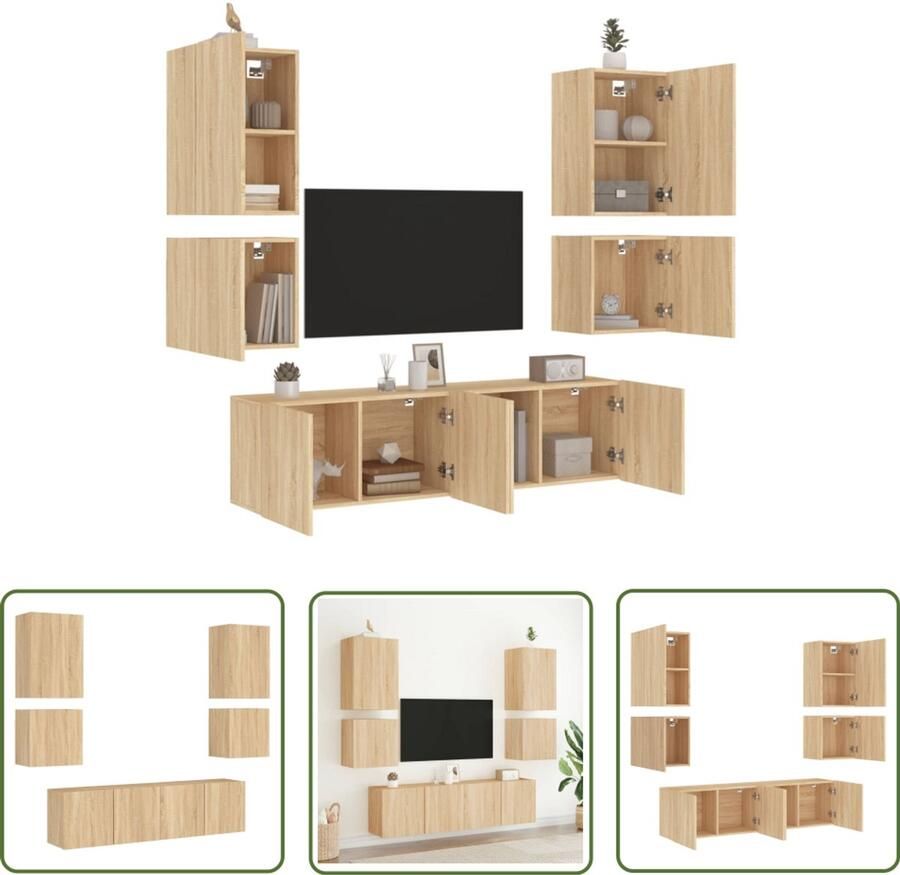 The Living Store 6-delige Tv-wandmeubelset bewerkt hout sonoma eikenkleurig Tv Meubel Wandmeubel Opbergkast Salontafel Houten Kast