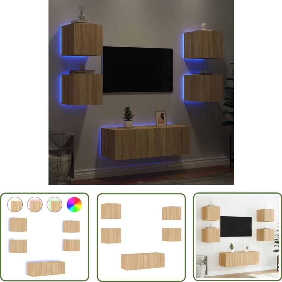 The Living Store 6-delige Tv-wandmeubelset met LED bewerkt hout sonoma eiken Tv Meubel Wandmeubel Led Verlichting Rgb Verlichting Sonoma Eiken