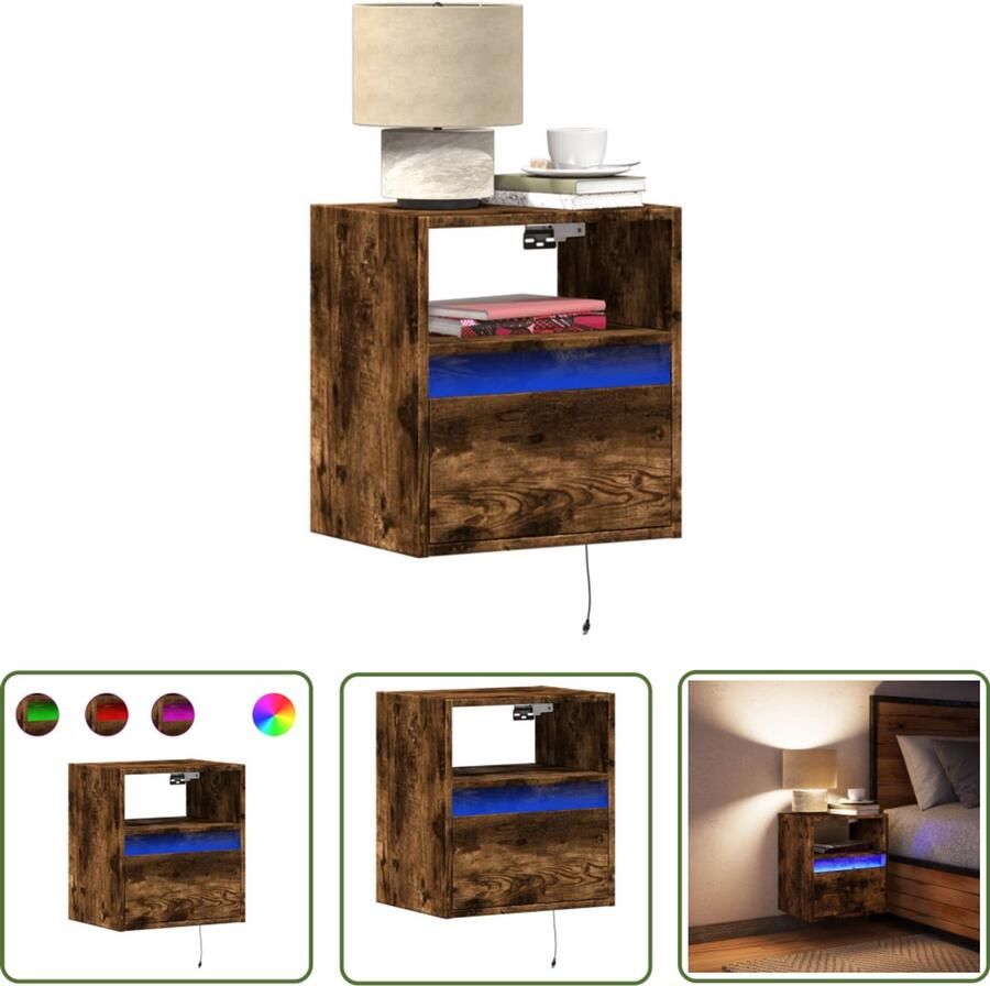 VidaXL Nachtkastje met LED's wandgemonteerd gerookt eikenkleurig Nachtkastje Wandmontage Led Verlichting Gerookt Eiken Opbergkast