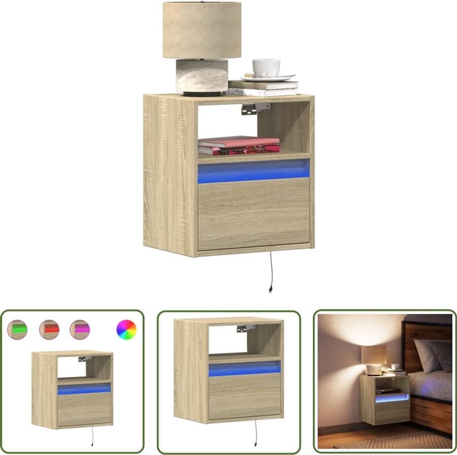 VidaXL Nachtkastje met LED's wandgemonteerd sonoma eikenkleurig Nachtkastje Wandmontage Led Verlichting Sonoma Eiken Opbergkast