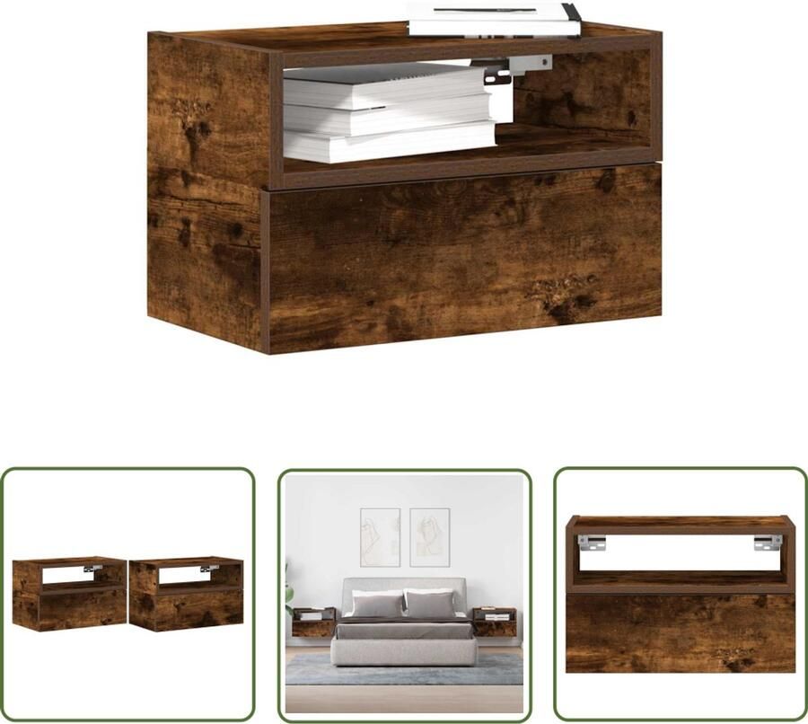 The Living Store Nachtkastjes 2 st wandgemonteerd 45x26x28 5 cm gerookt eiken Nachtkastje Wandmontage Houten Meubel Bergruimte Slaapkamersdecoratie