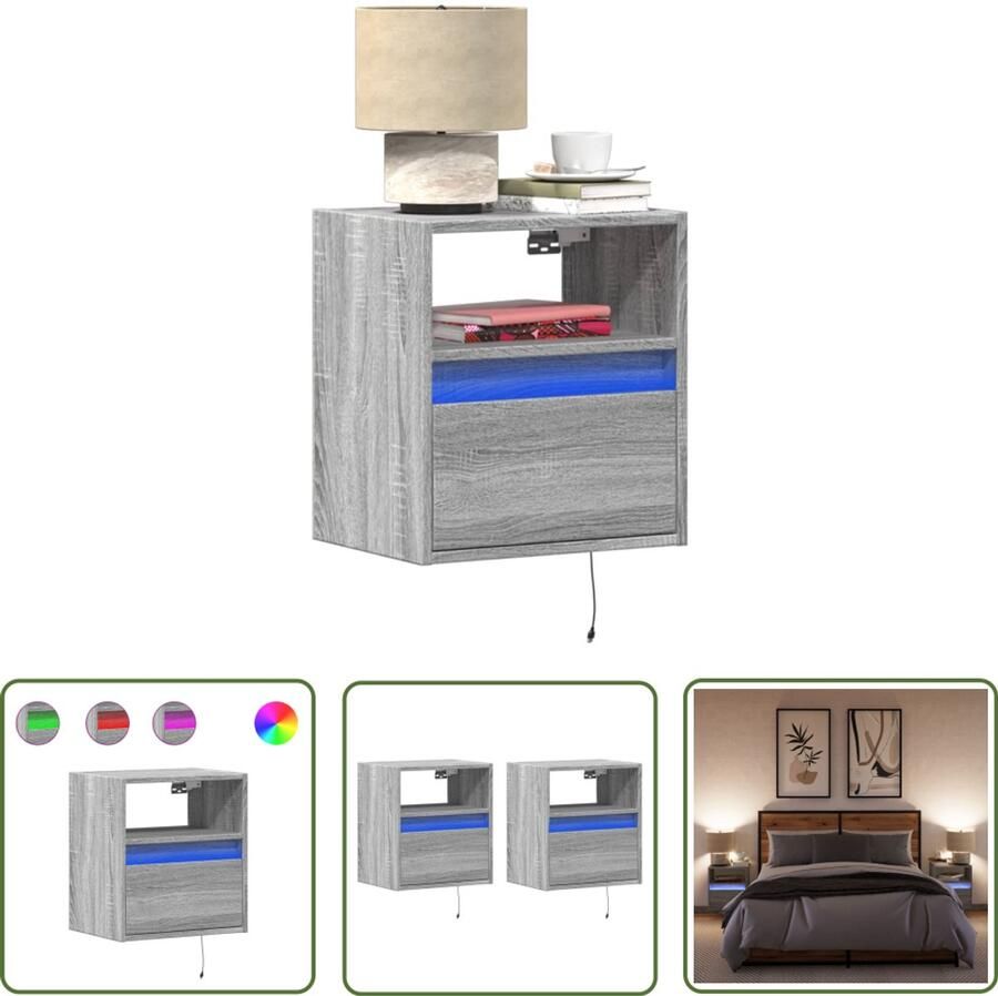VidaXL Nachtkastjes met LED's 2 st wandgemonteerd grijs sonoma eiken Nachtkastjes Wandmontage Led Lampjes Grijze Nacht Kast Bedroom Furniture