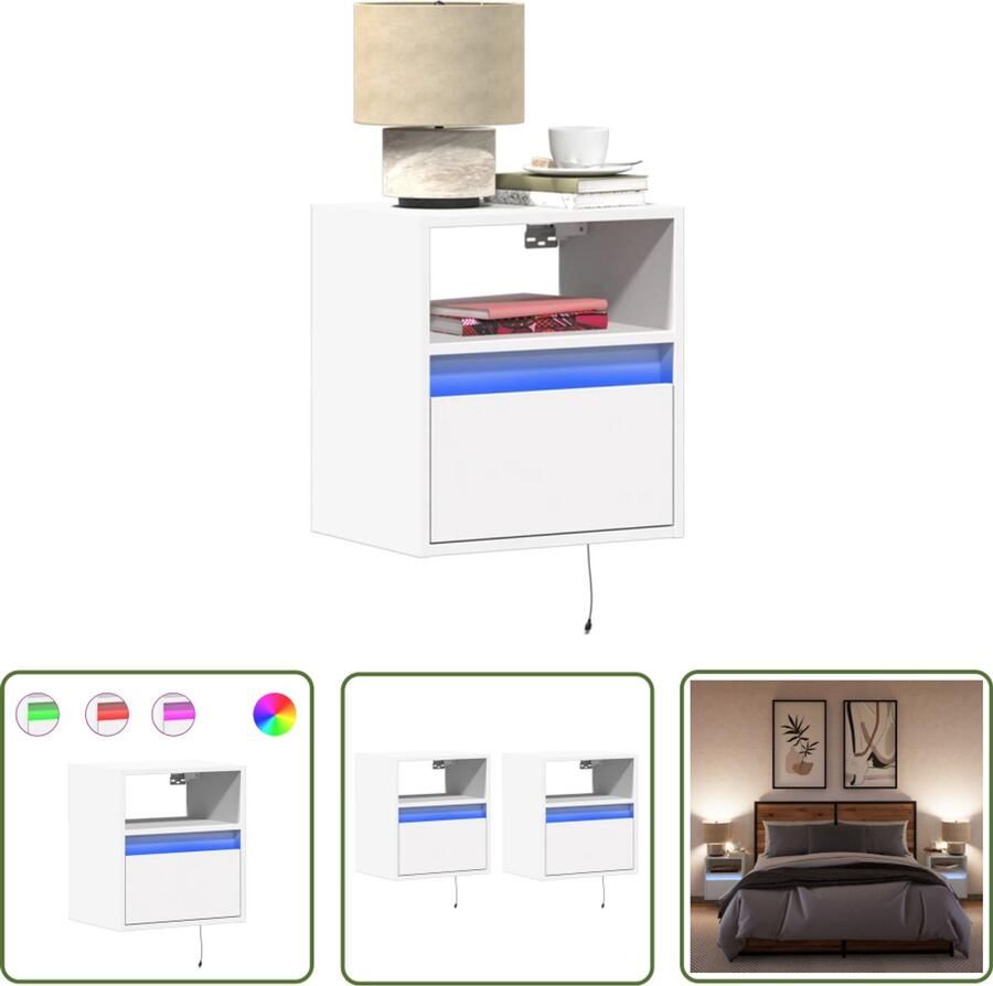 VidaXL Nachtkastjes met LED's 2 st wandgemonteerd wit Nachtkastjes Wandmontage Led Verlichting Slaapkamers Houten Kast