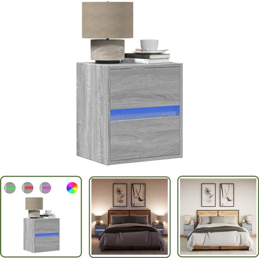 VidaXL Wandmontage Nachttasjes Nachtkastjes met LED's 2 st wandgemonteerd grijs sonoma eiken Led Verlichting Grijze Nachttafel Bedroom Decoratie