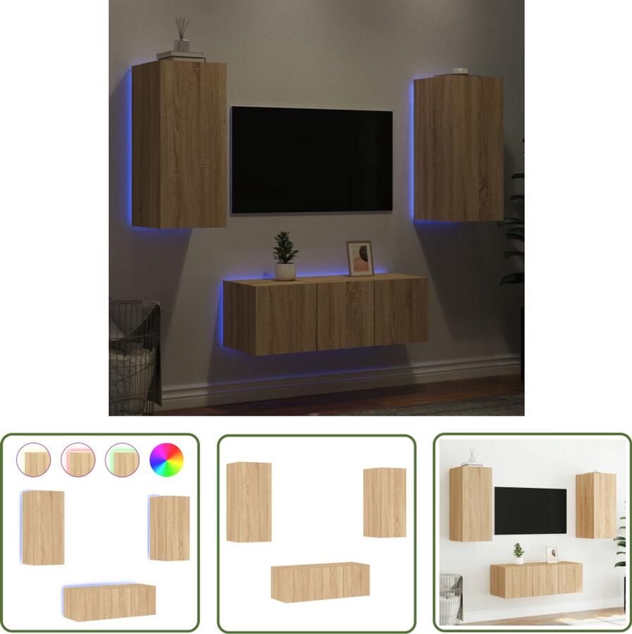 The Living Store 4-delige Tv-wandmeubelset met LED bewerkt hout sonoma eiken Tv-kast Wandmontage Houten Tv-meubel Sonoma Eiken Led Verlichting