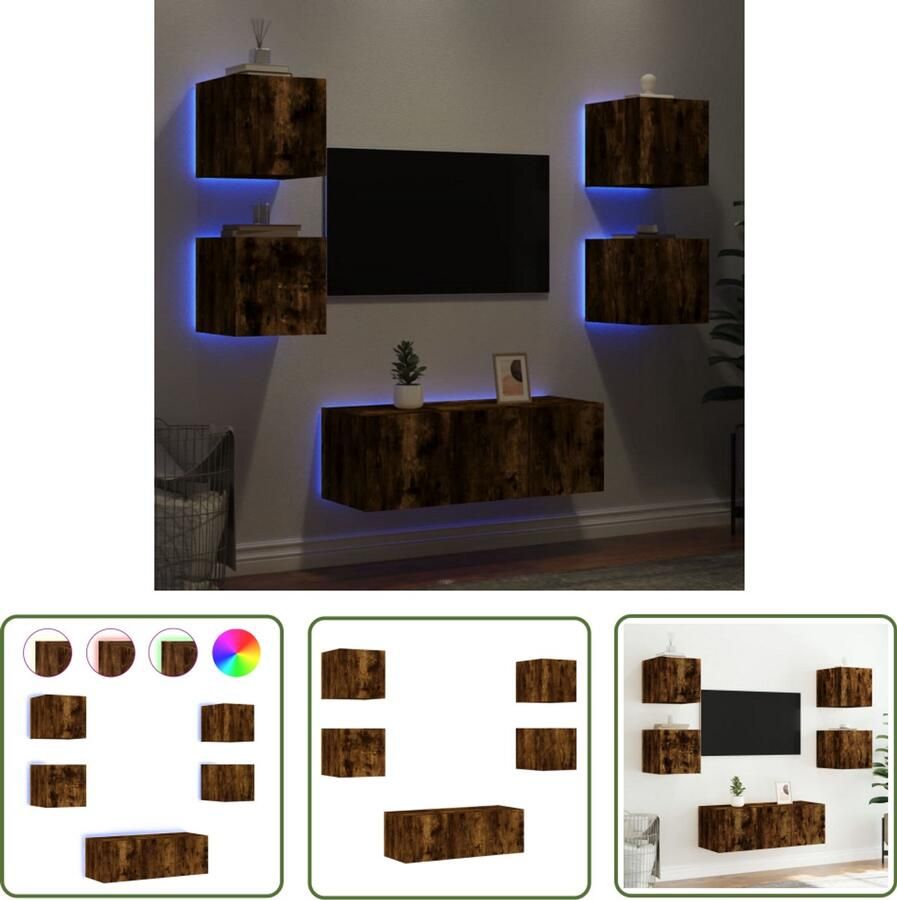 The Living Store 6-delige tv-wandmeubelset met LED bewerkt hout gerookt eiken TV-kast Wandmontage Tv Meubilair Led Verlichting Houten Kast