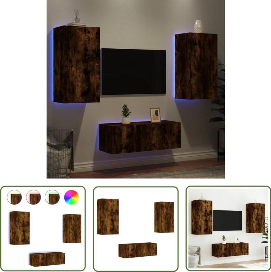 The Living Store 8-delige tv-wandmeubelset met LED bewerkt hout gerookt eiken Tv-kast Wandmontage Led Verlichting Rustieke Meubelen Houten Kast