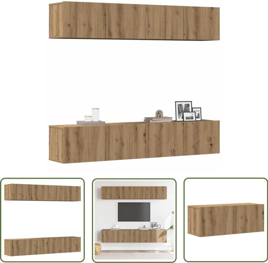 VidaXL Tv-wandkasten 4 st bewerkt hout artisanaal eikenkleurig Tv-kast Wandmontage Houten Tv-kast Eiken Tv-kast Media Kast