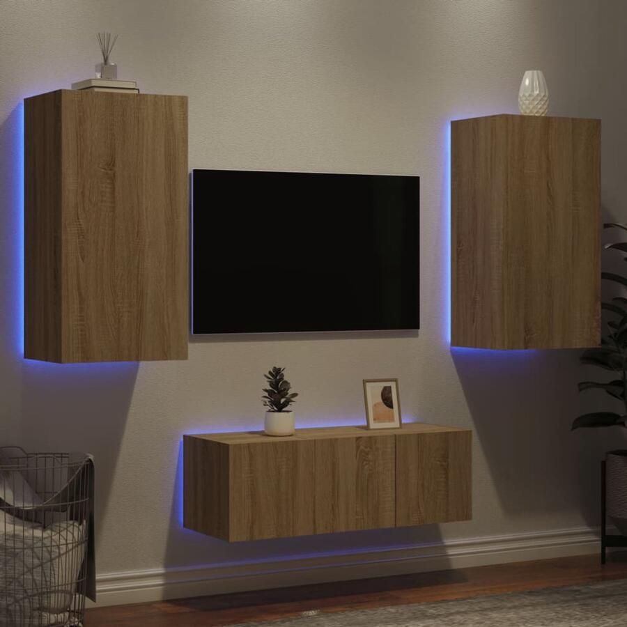 The Living Store Zwevend Tv-Meubel Wandmontage RGB LED-verlichting Bewerkt Hout Sonoma Eiken Set Van 4 30.5 x 35 x 30 cm 40.5 x 35 x 80 cm 60 x 35 x 31 cm