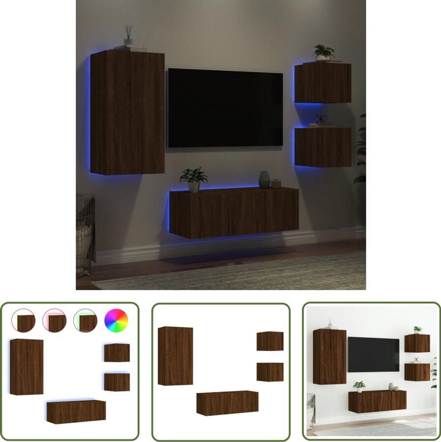 The Living Store 5-delige Tv-wandmeubelset met LED bewerkt hout bruineikenkleur Tv Meubel Wandmontage Bruine Meubels Houten Tv Kast Led Tv Meubel