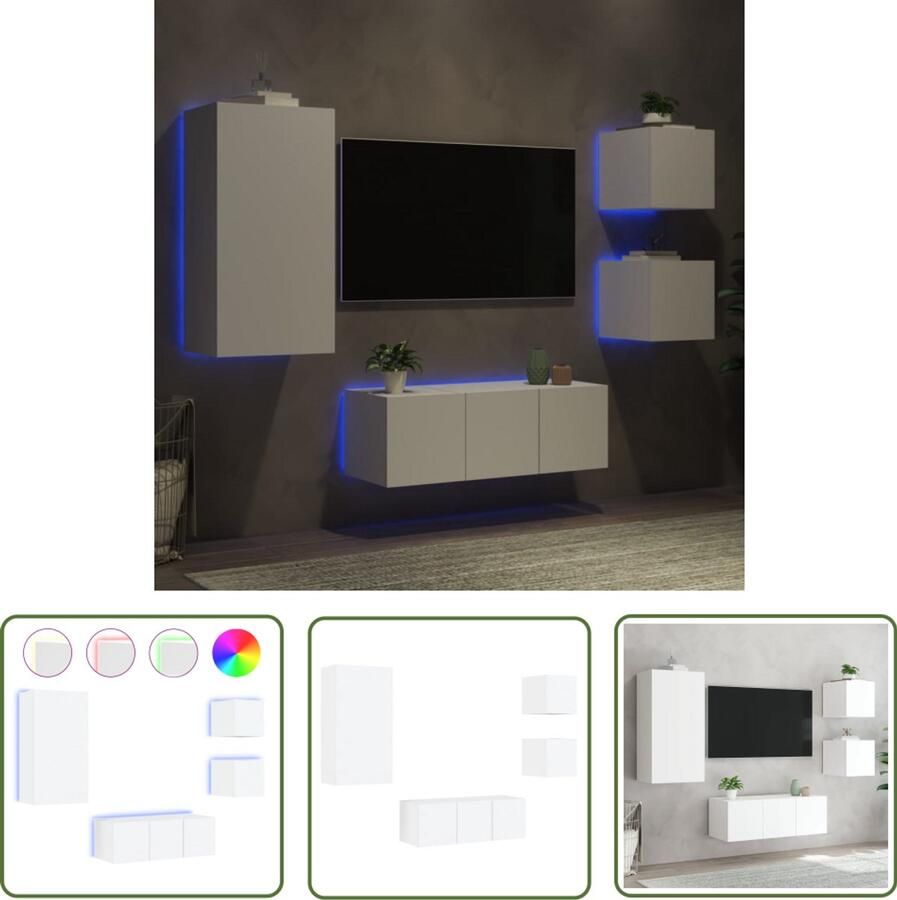 The Living Store 5-delige Tv-wandmeubelset met LED-verlichting bewerkt hout wit Tv-meubel Wandmontage Rgb Led Verlichting Bewerkt Hout Opbergruimte
