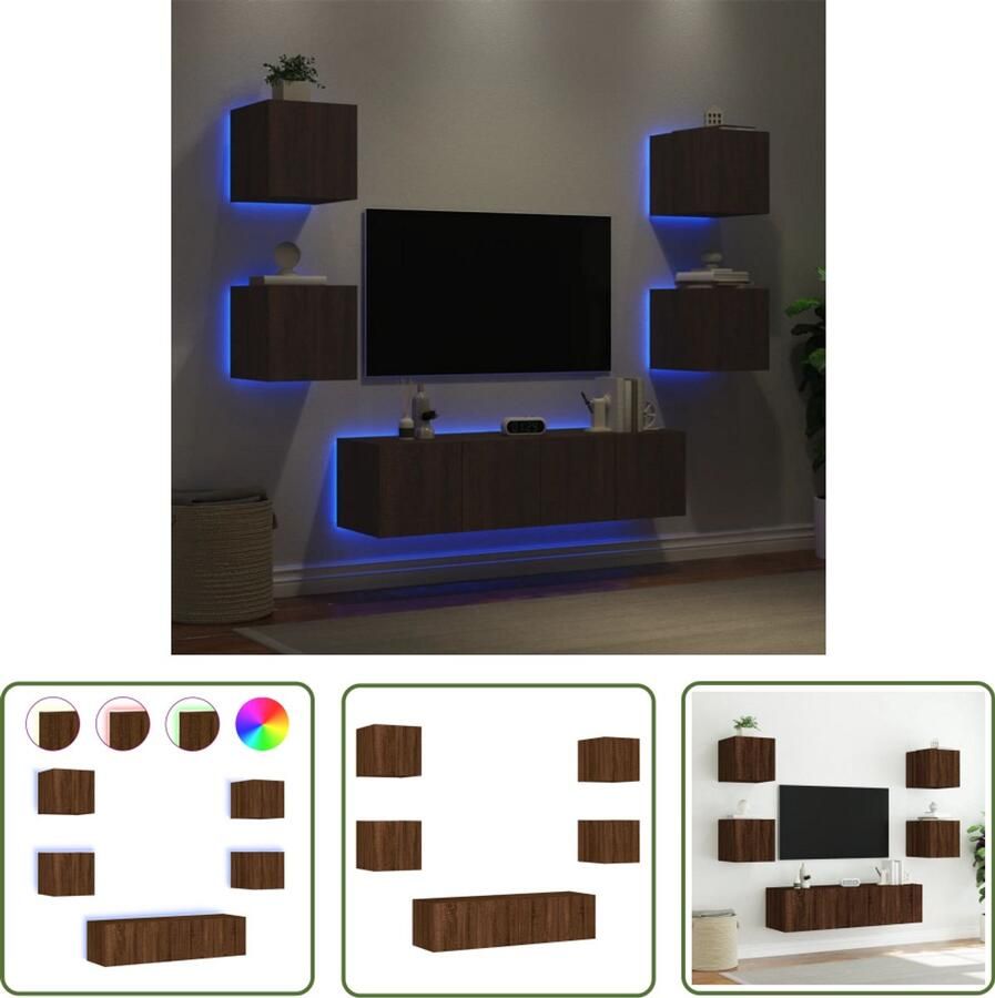The Living Store 6-delige Tv-wandmeubelset met LED bewerkt hout bruineikenkleur Tv Meubel Wandmontage Led Verlichting Bruin Houten Meubel Bruineiken