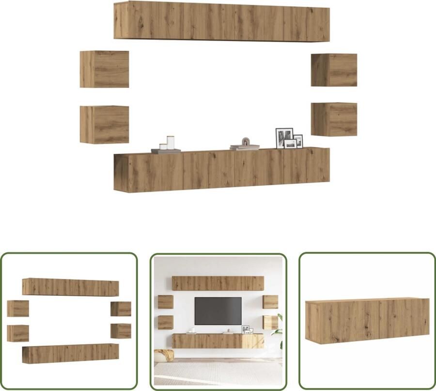 VidaXL Wandmontage Tv-meubel 8-delig Tv-meubelset wandmontage bewerkt hout artisanaal eiken Houten Tv-kast Media Kast Salontafel
