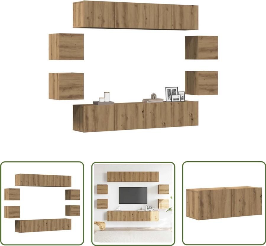 The Living Store vidaXL 8-delig Tv-meubelset wandmontage bewerkt hout artisanaal eiken Tv Meubel Wandmontage Houten Tv Kast Media Kast Salontafel