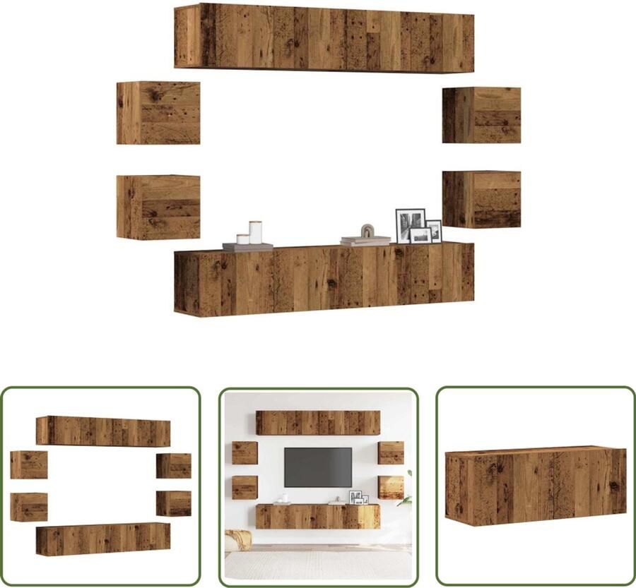 The Living Store 8-delig Tv-meubelset wandmontage bewerkt hout oud houtkleurig Tv Meubel Wandmontage Houten Tv Kast Media Kast Opbergkast