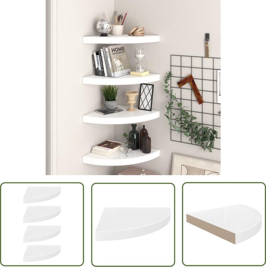 VidaXL Wandplank Hoekschalen Hoekschappen zwevend 4 st 35x35x3 8 cm MDF hoogglans wit Mdf Witte Kast Modern Interieur