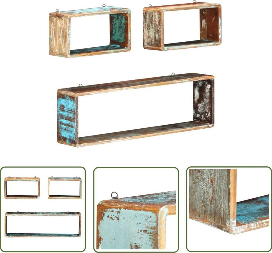 The Living Store 3-delige Wandschappenset kubus massief gerecycled hout Wanddecoratie Wandplank Kubusschilderij Houten Wandrek Retro Meubels