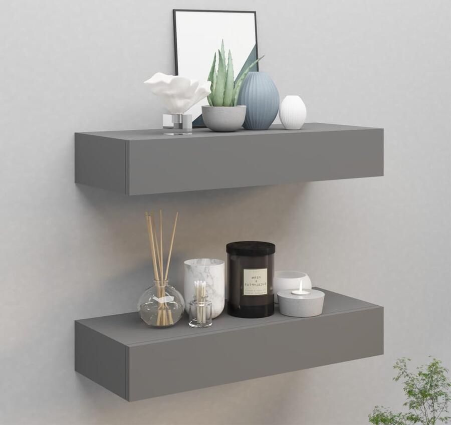 The Living Store viaXL Wandschappen 2 st met lade 60x23 5x10 cm MDF grijs Zwevend Wandrek Wandenplank Ladenkast Bergruimte Opslagoplossing