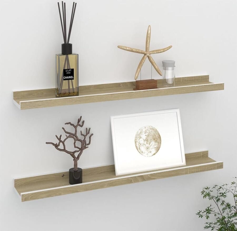 The Living Store Wandschappen 2 st 60x9x3 cm wit en sonoma eikenkleurig Wandplank Wanddecoratie Mdf Plank Hangplankje Woonaccessoires