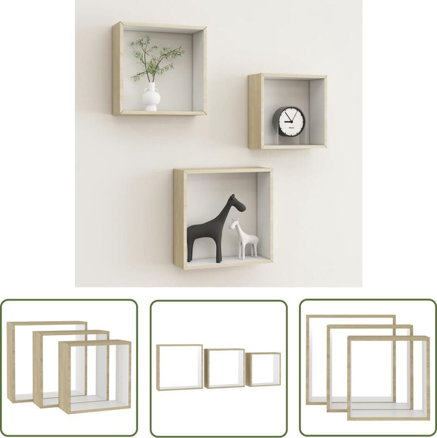VidaXL Wandplank Wanddecoratie Wandschappen kubus 3 st wit en sonoma eikenkleurig Houten Plank Opslagoplossing Woonaccessoires