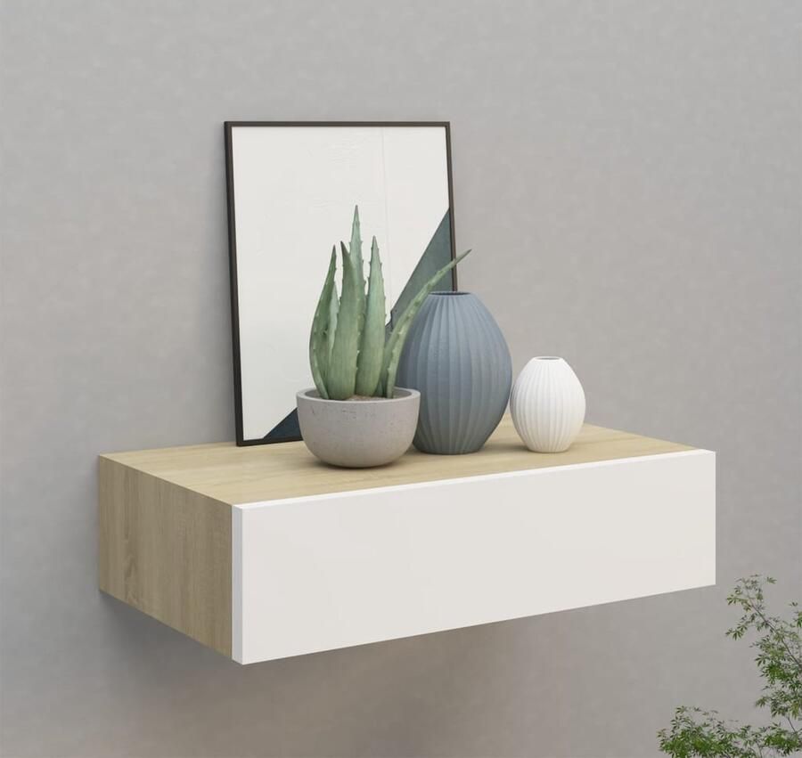 The Living Store Wandschap met lade 40x23 5x10 cm MDF eikenkleurig en wit Zwevend Schap Wandrek Ladenkast Bergruimte Woonaccessoires