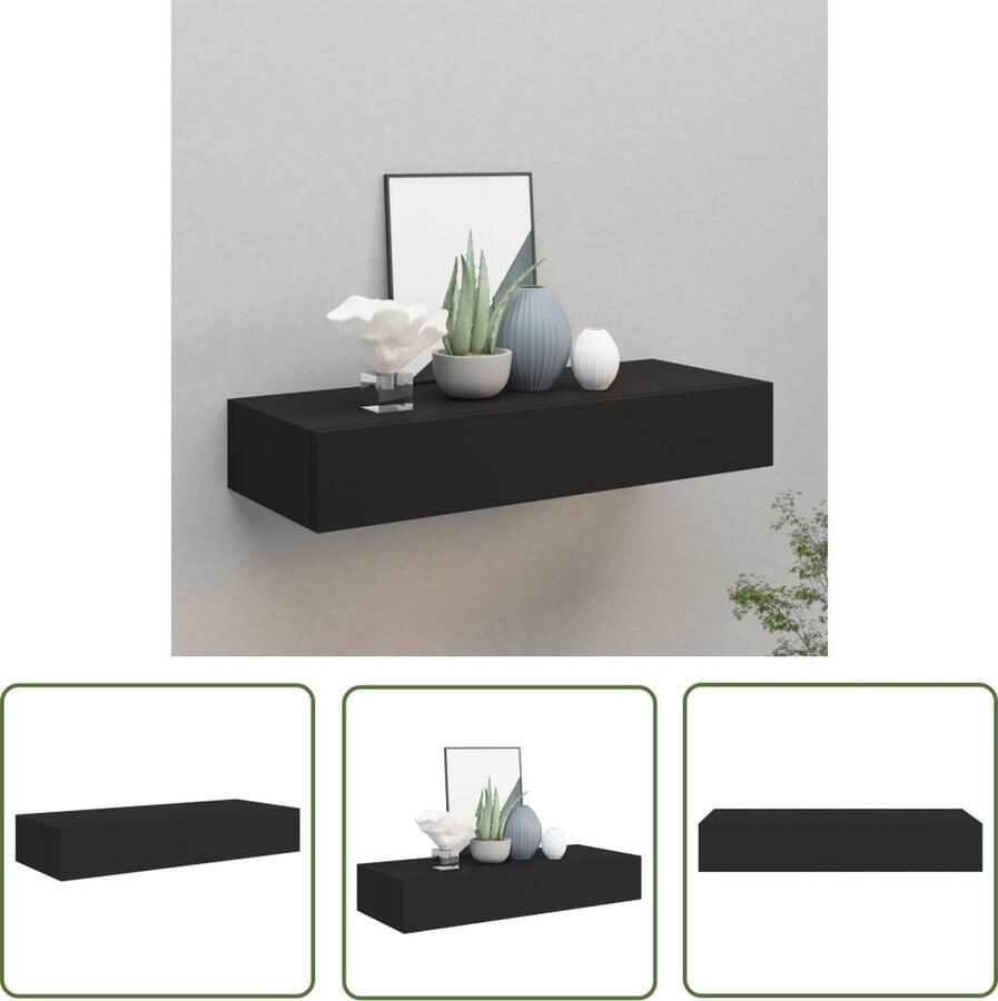 The Living Store Wandschap met lade 60x23 5x10 cm MDF zwart Zwevend Schap Wandschaps Zwarte Wanddecoratie Ladekast Minimalistische Kast - Foto 2