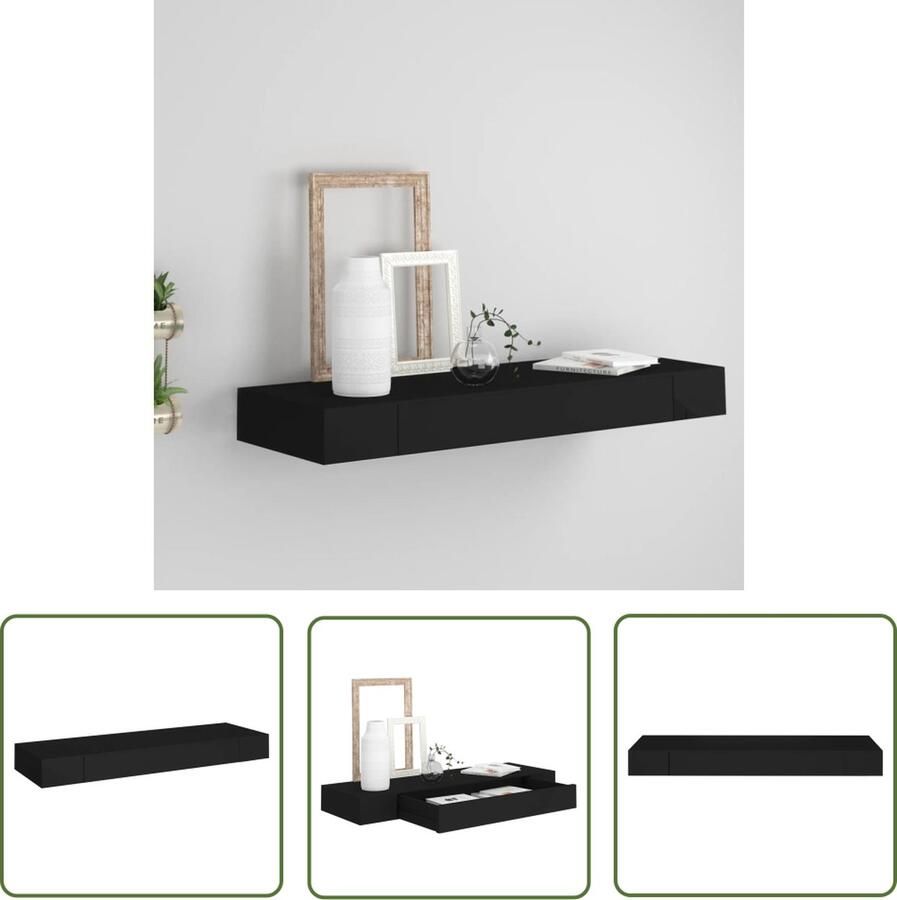 VidaXL Wandschap met lade zwevend 80x25x8 cm zwart Zwevend Wandrek Wandplank Zwart Minimalistisch Wonen Opbergwand Mdf Kast - Foto 2