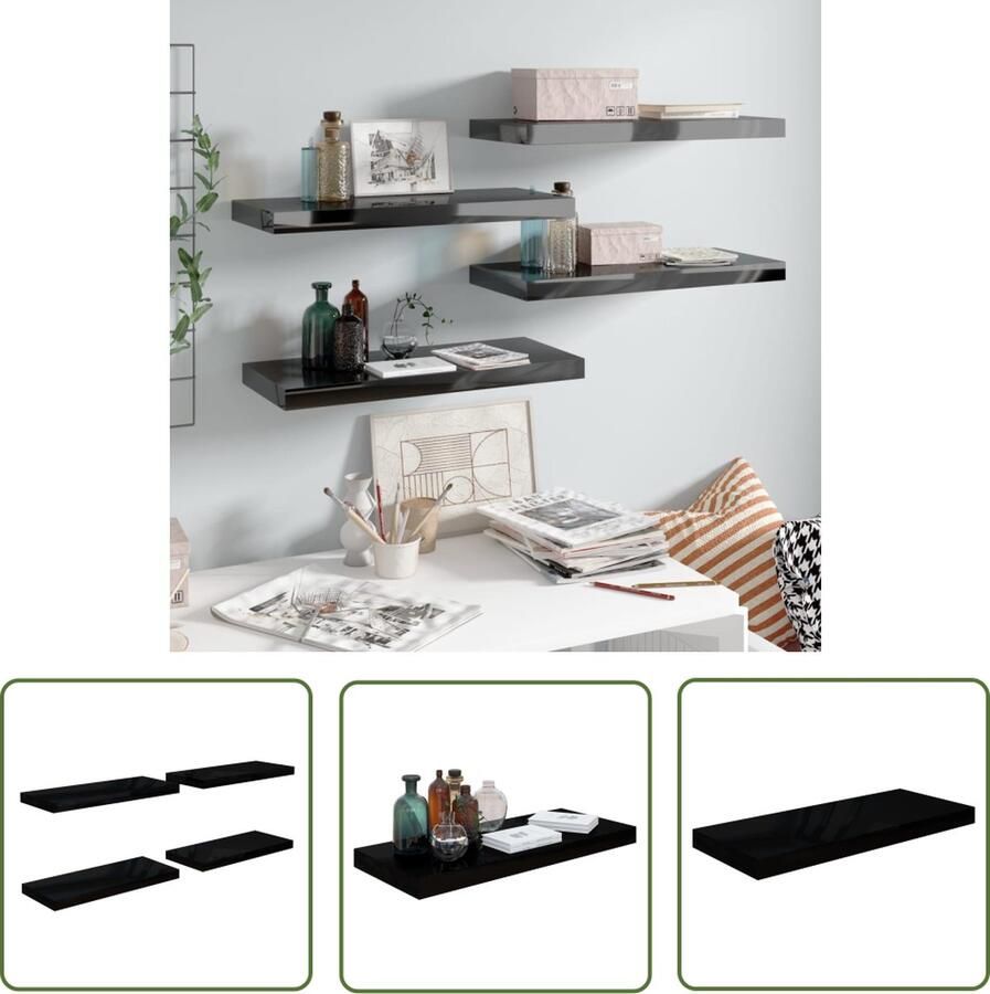 The Living Store Wandschappen zwevend 4 st 60x23 5x3 8 cm MDF hoogglans zwart Wandplank Wandendecoratie Mdf Plank Zwevende Plank Black Shelf