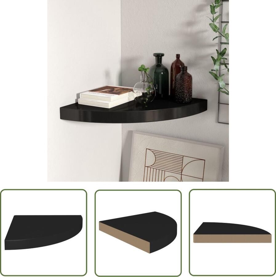 The Living Store Hoekschap zwevend 35x35x3 8 cm MDF zwart Hoekplank Wandplank Honingraat Mdf Metalen Plank Zwarte Hoekplank
