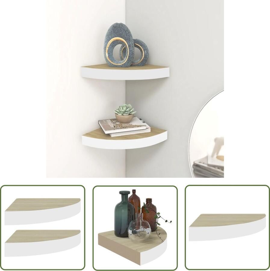 VidaXL Hoekwandschappen 2 st 35x35x3 8 cm MDF eikenkleurig en wit Hoekwandplank Wandrek Houten Plank Eiken Kleur Witte Plank