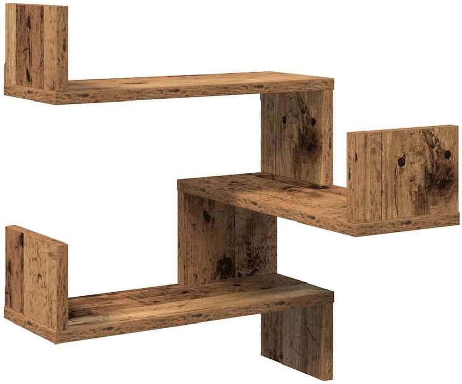 The Living Store Hoekwandschap 40x40x49 5 cm bewerkt hout out houtkleurig Hoekwandschap Wandplank Opbergkast Houtschilderij Vintage Kast