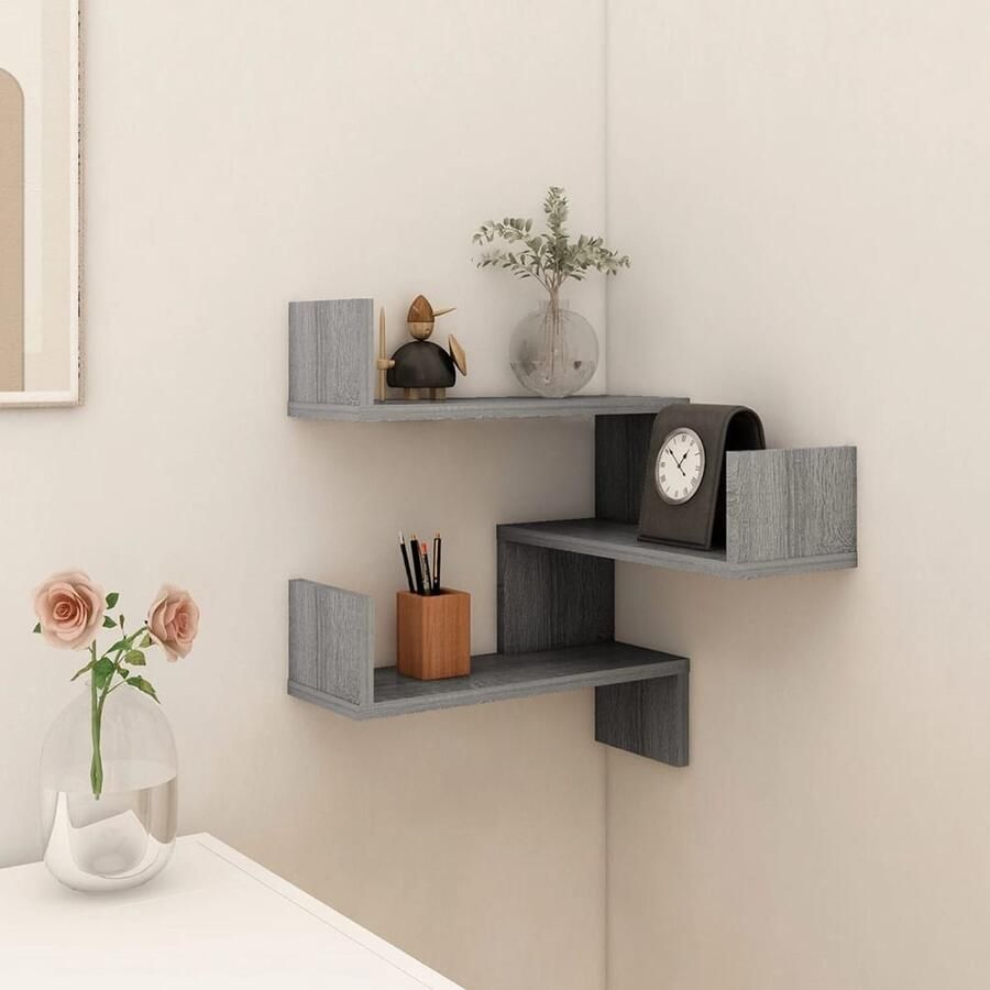The Living Store Hoekwandschap 40x40x50 cm bewerkt hout grijs sonoma eikenkleur Wandkast Wandplank Hoekschaps Bergruimte Woonaccessoires