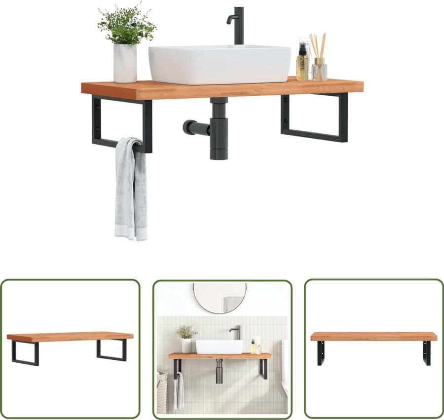 VidaXL Wastafelplank Badkamer Meubilair Badkamer wandschap staal en massief beukenhout Houten Kast Badkamer Accessoires Bruine Badkamermeubelen
