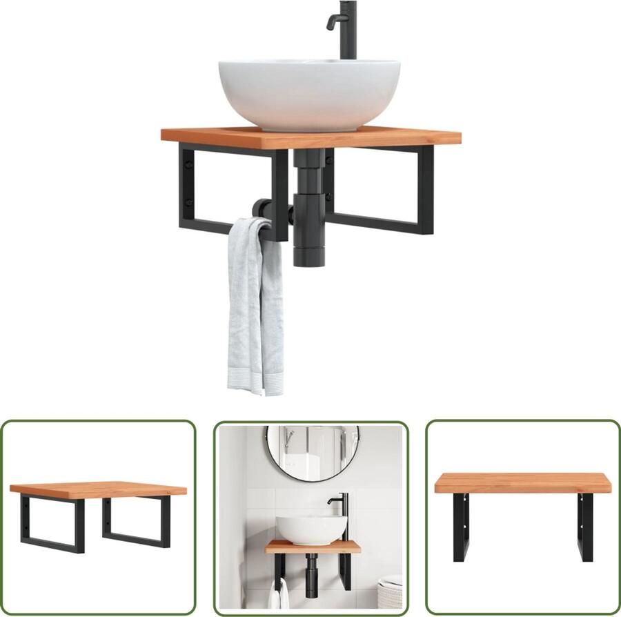 VidaXL Wastafelplank Badkamer Meubilair Badkamer wandschap staal en massief beukenhout Houten Wastafel Badkamer Accessoires Wandrek Badkamer