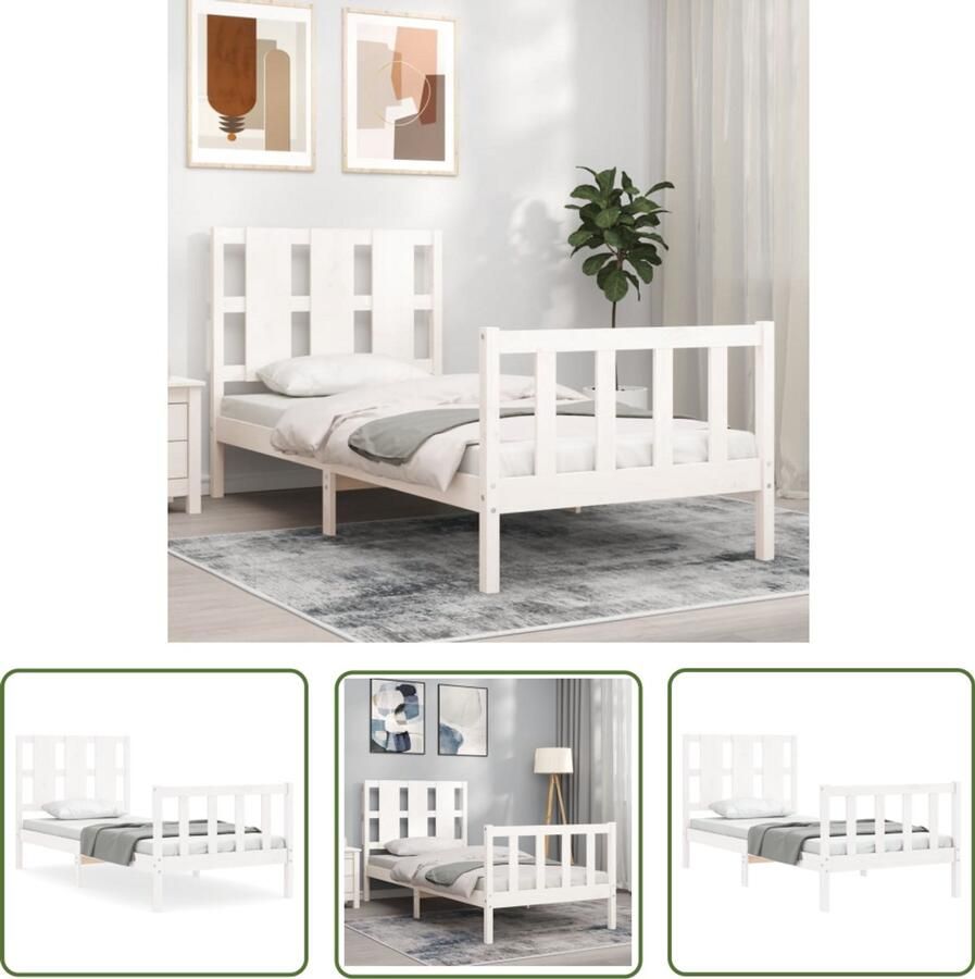 VidaXL Wit Bed Frame Massief Grenenhout Bed Frame Bedframe met hoofdbord massief hout wit Enkelpersoons Bed Frame 75x190 Bed Frame Met Hoofdbord
